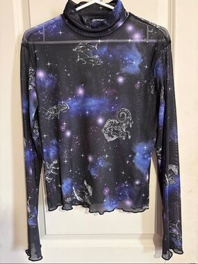 Astrology Print Sheer Mock Neck Top - Black & Purple